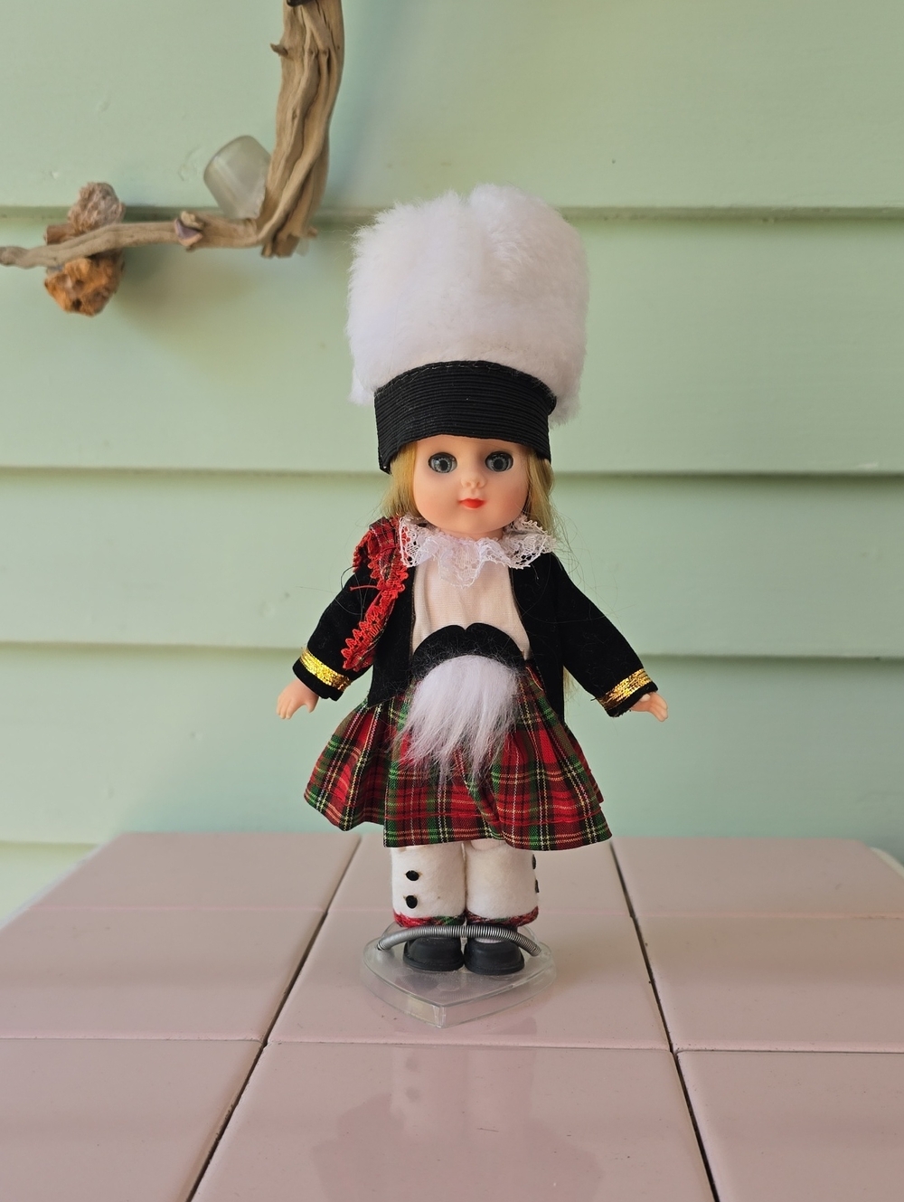 Vintage Style Scottish Doll in Red Tartan Outfit with White Fur Hat
